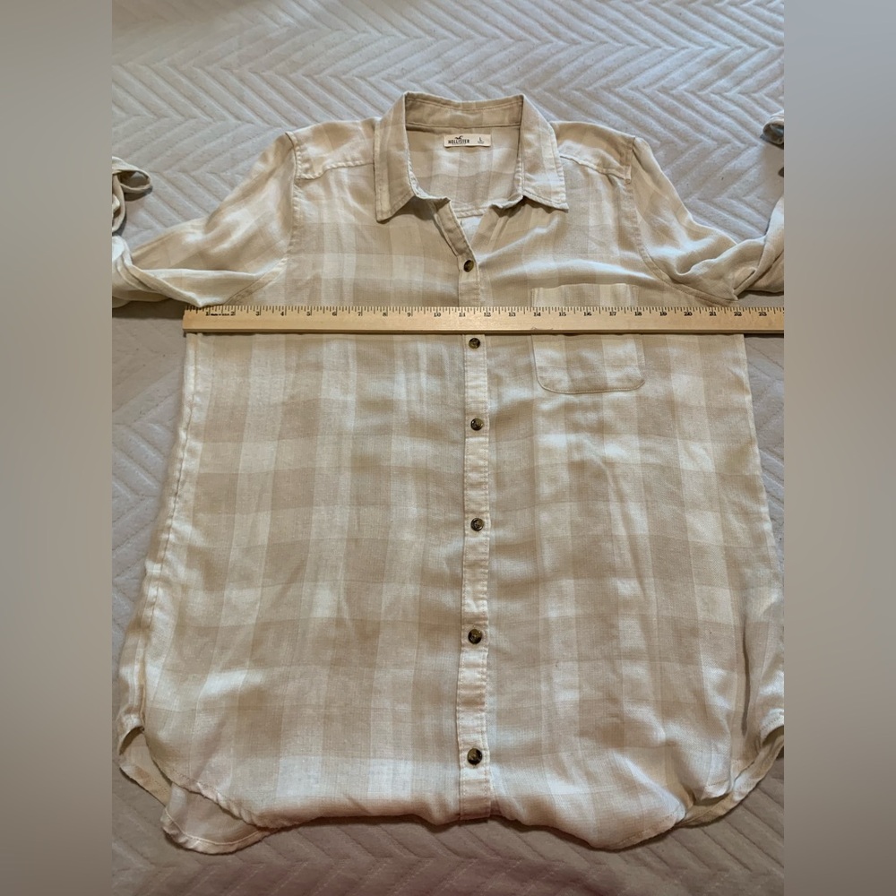 Hollister Light Tan Beige Checkered Long Sleeve Button Up Shirt Large Casual - Picture 7 of 9